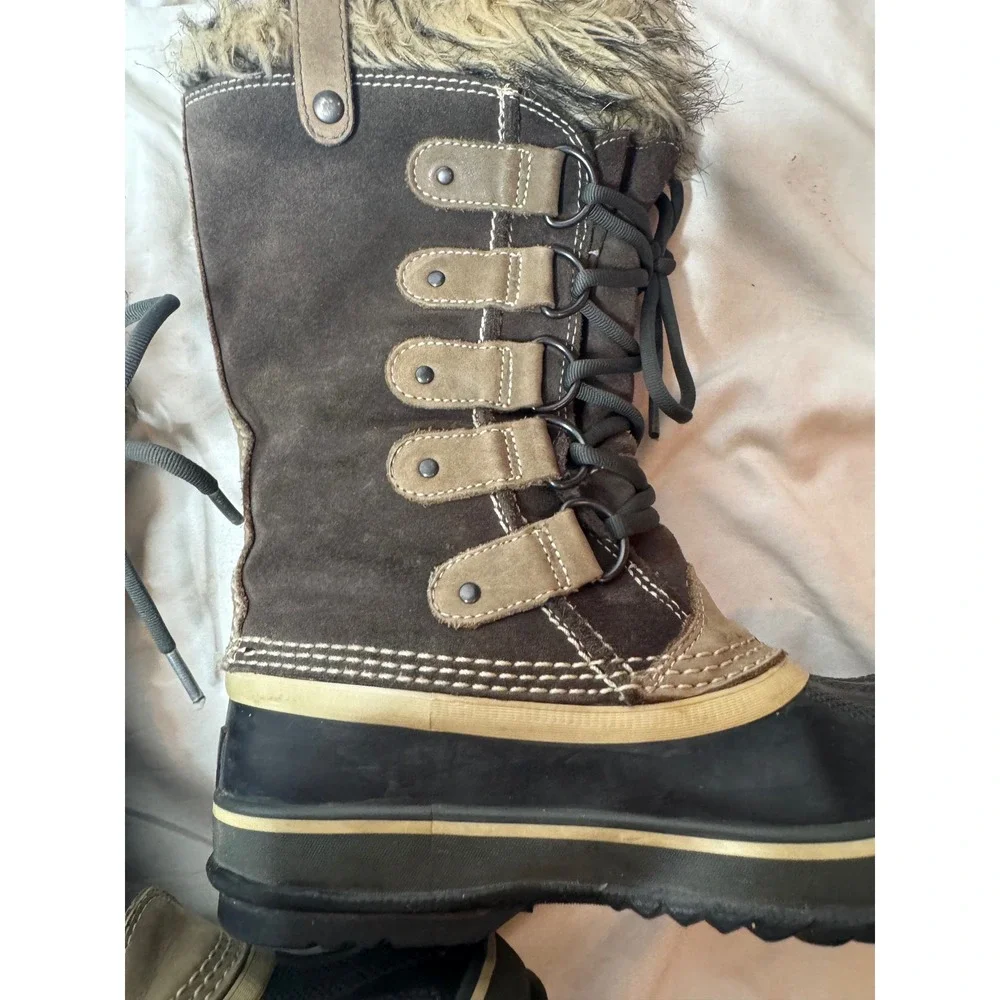 Sorel Joan of Arctic Brown Suede Waterproof Faux Fur Winter Snow Boots Womens.